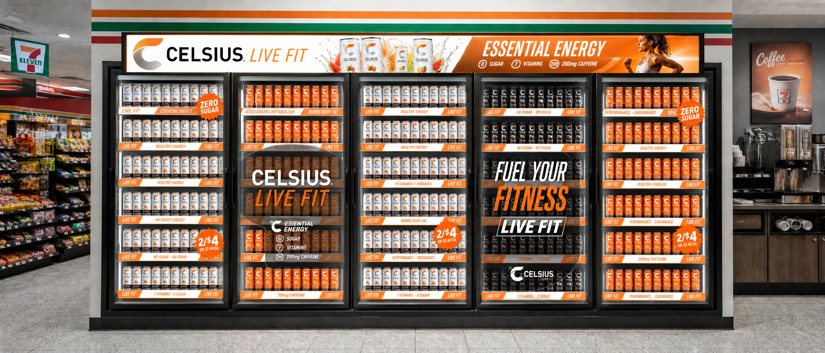 The same five-door 7-Eleven cold vault as a full Celsius campaign: forward-faced branded cans, shelf-edge talkers, burst violators, translucent door clings and an illuminated LIVE FIT header across all five freezer sections