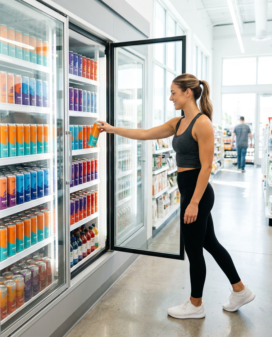 Illuminated energy-drink cooler wall in a modern convenience store