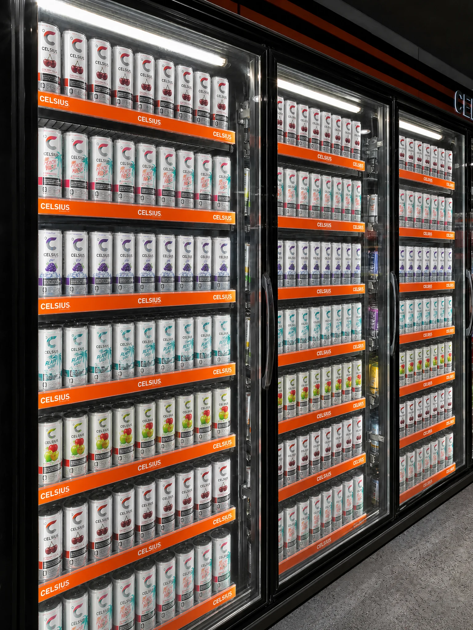 Illuminated convenience-store cold vault fully merchandised with CELSIUS cans and orange branded shelf strips